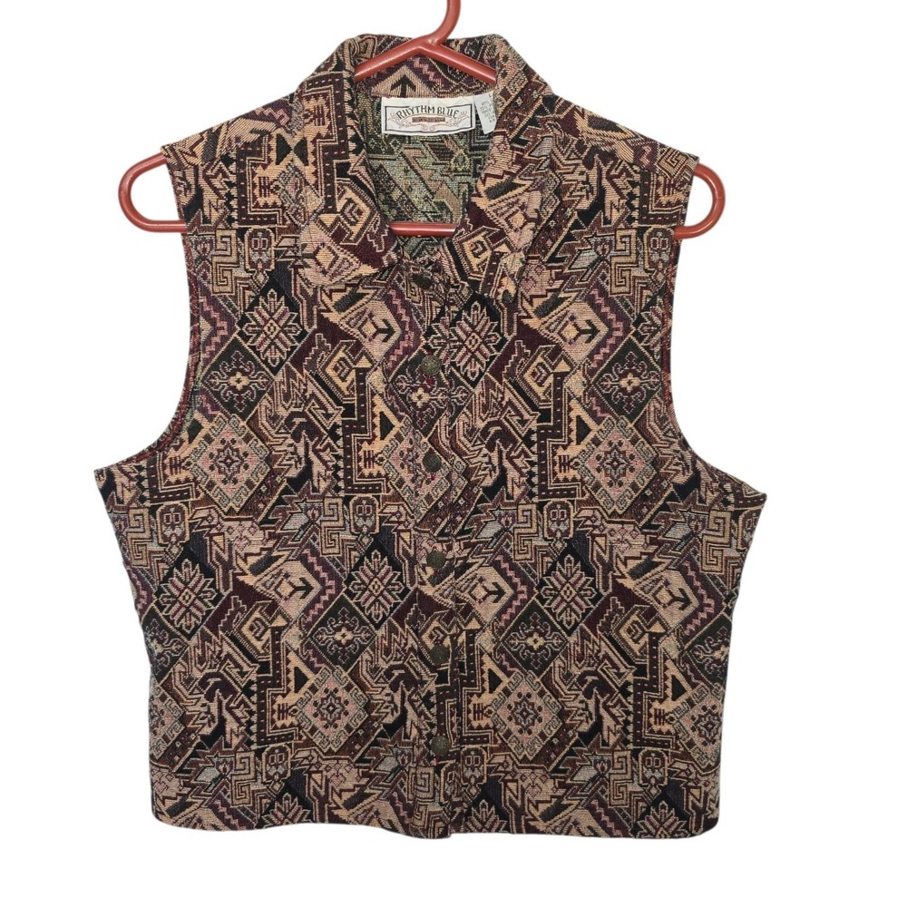 Vintage‎ Southwestern Tapestry Vest Womens Large Aztec Western Button Up 90s